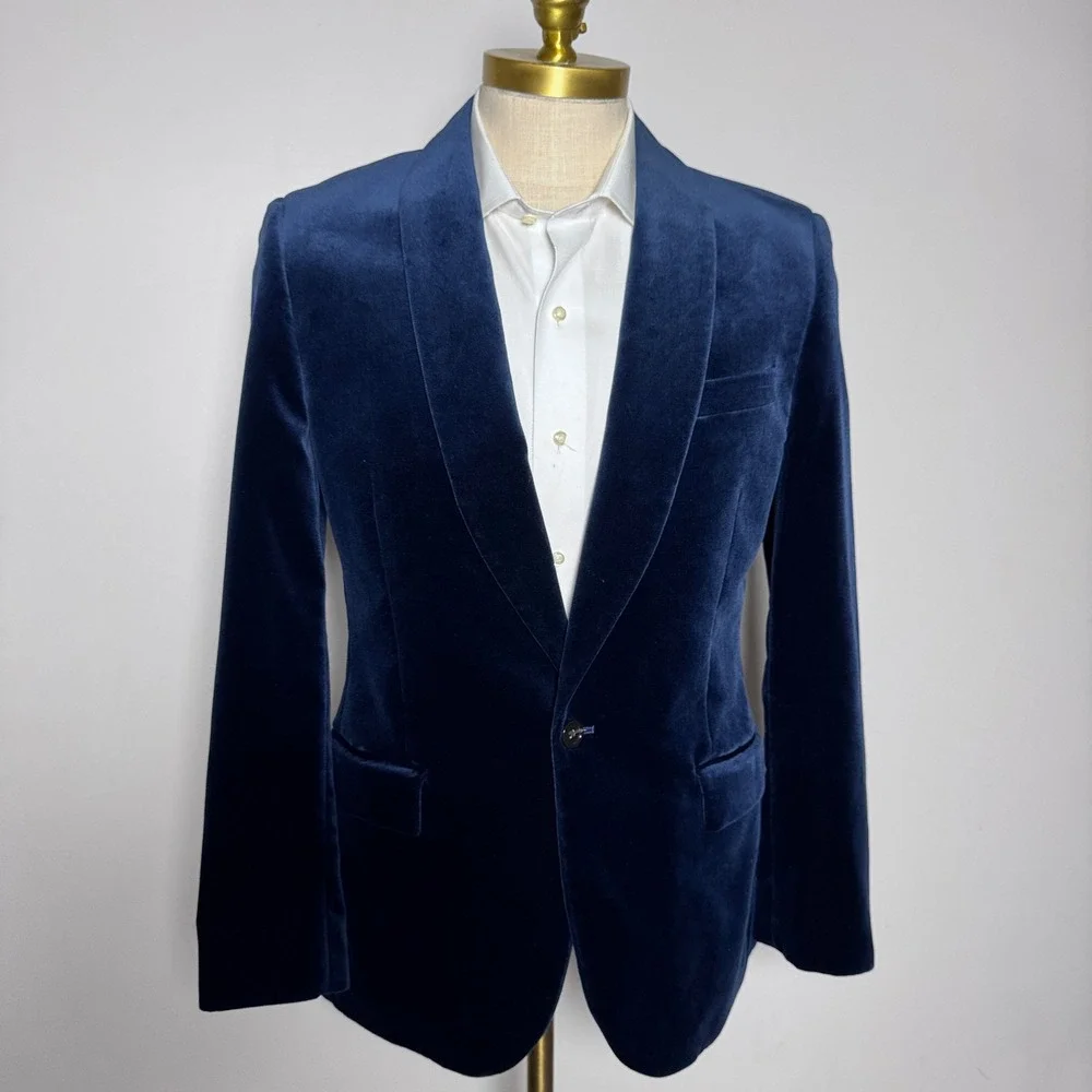 J.Crew Blazer Mens 38R Blue Solid Velvet Ludlow Shawl Lapel Dinner Jacket